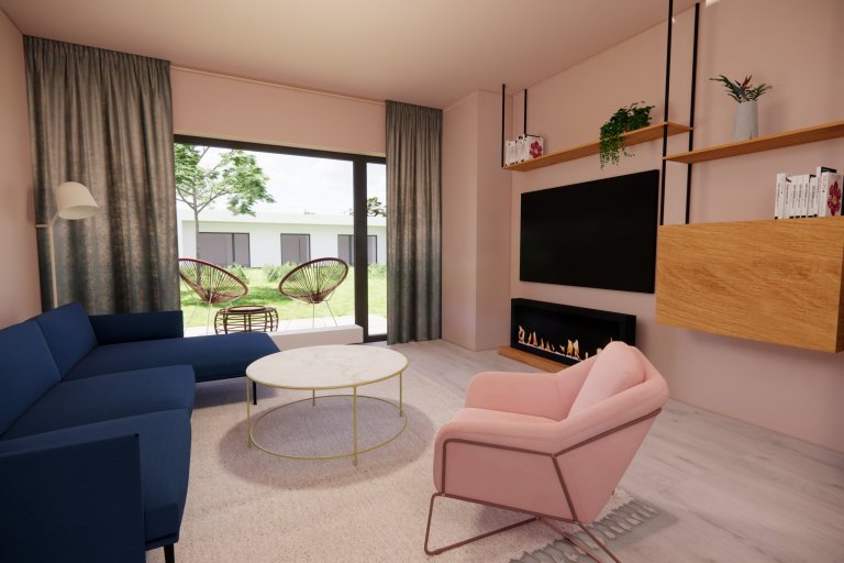 Výhled na terasu z obývací částí západní směrem s odpoledním sluncem