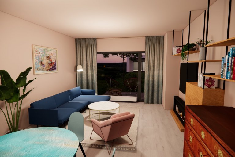 Večerní pohled od vstupu do obytného pokoje