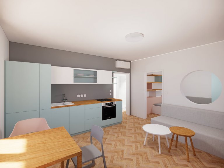 Posuvné okno v kapse stěny propojuje obývací pokoj s ložnicí a pracovním stolem