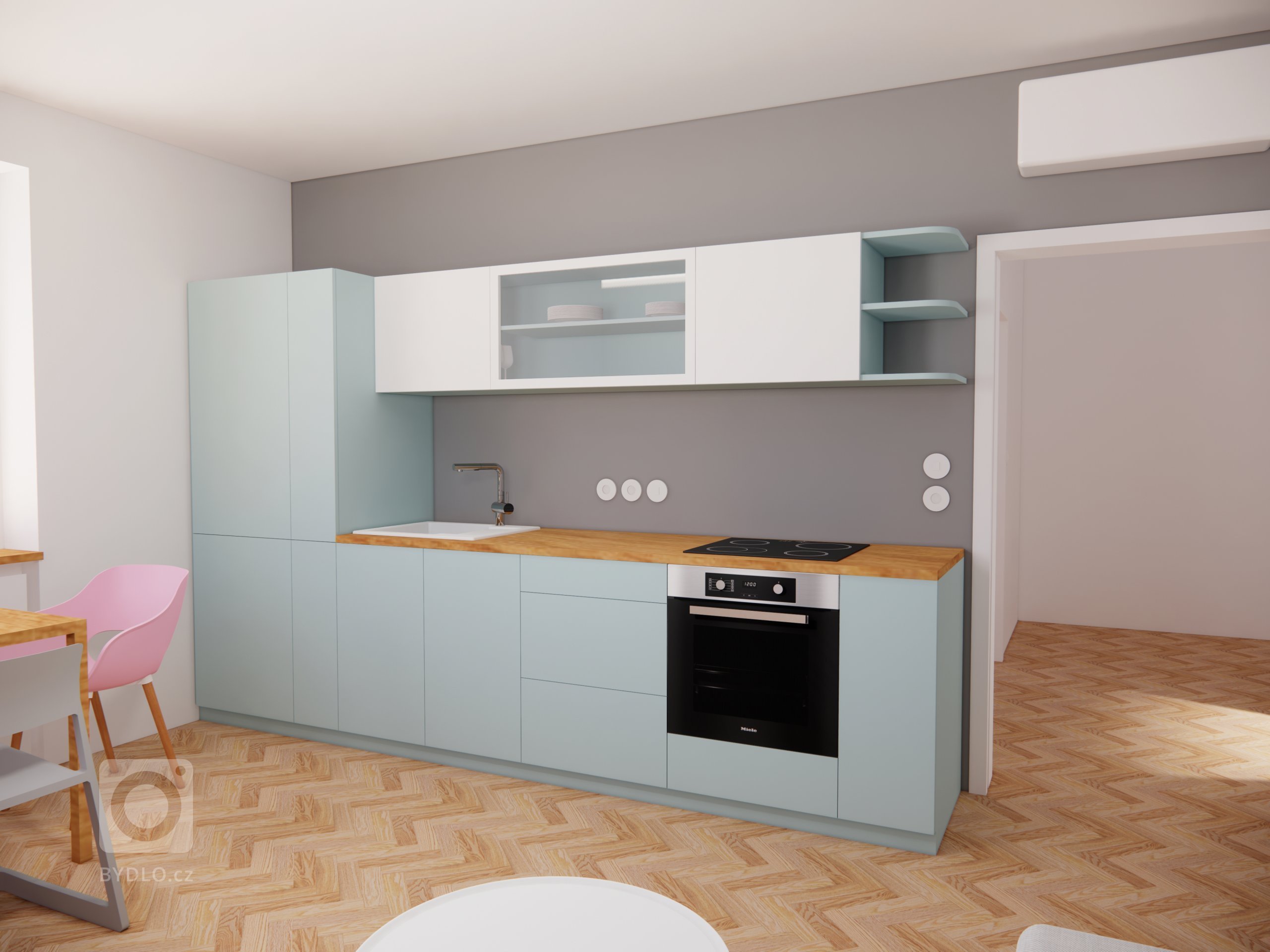 Kuchyňská linka v mintové barvě