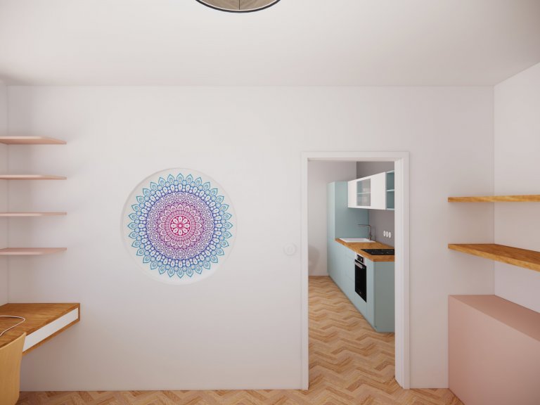 Posuvné okno v kapse stěny propojuje obývací pokoj s ložnicí a pracovním stolem