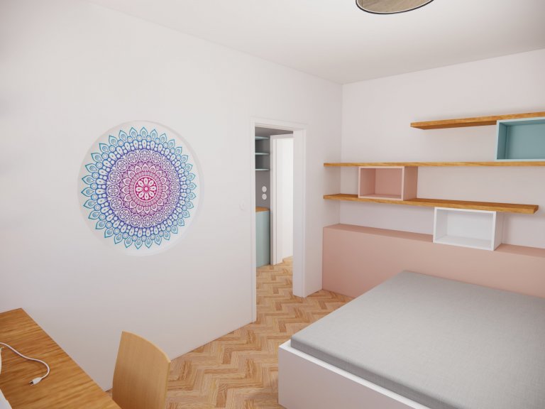 Knihovna a úložná komoda v ložnici