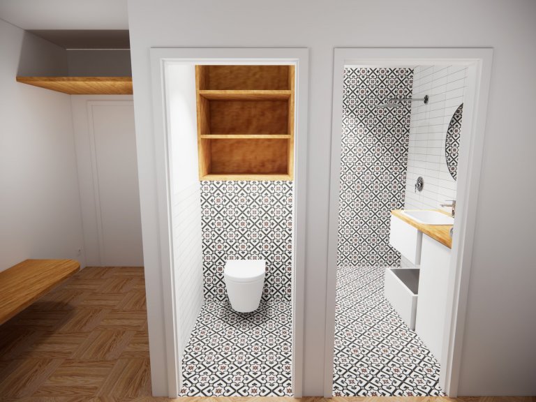 Vstupní předsíň s lavici, obklad v koupelně a na toaletě přechází z podlahy na stěnu