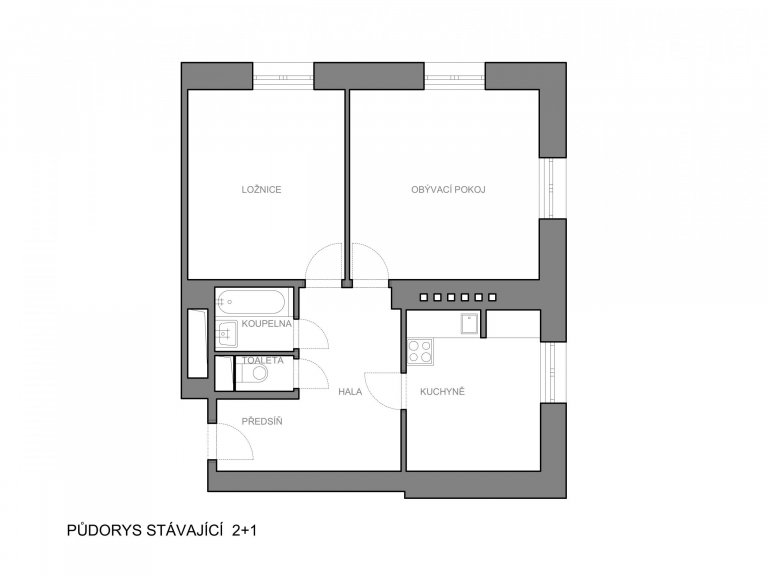 Půdorys původní stav - dispozice 2+kk