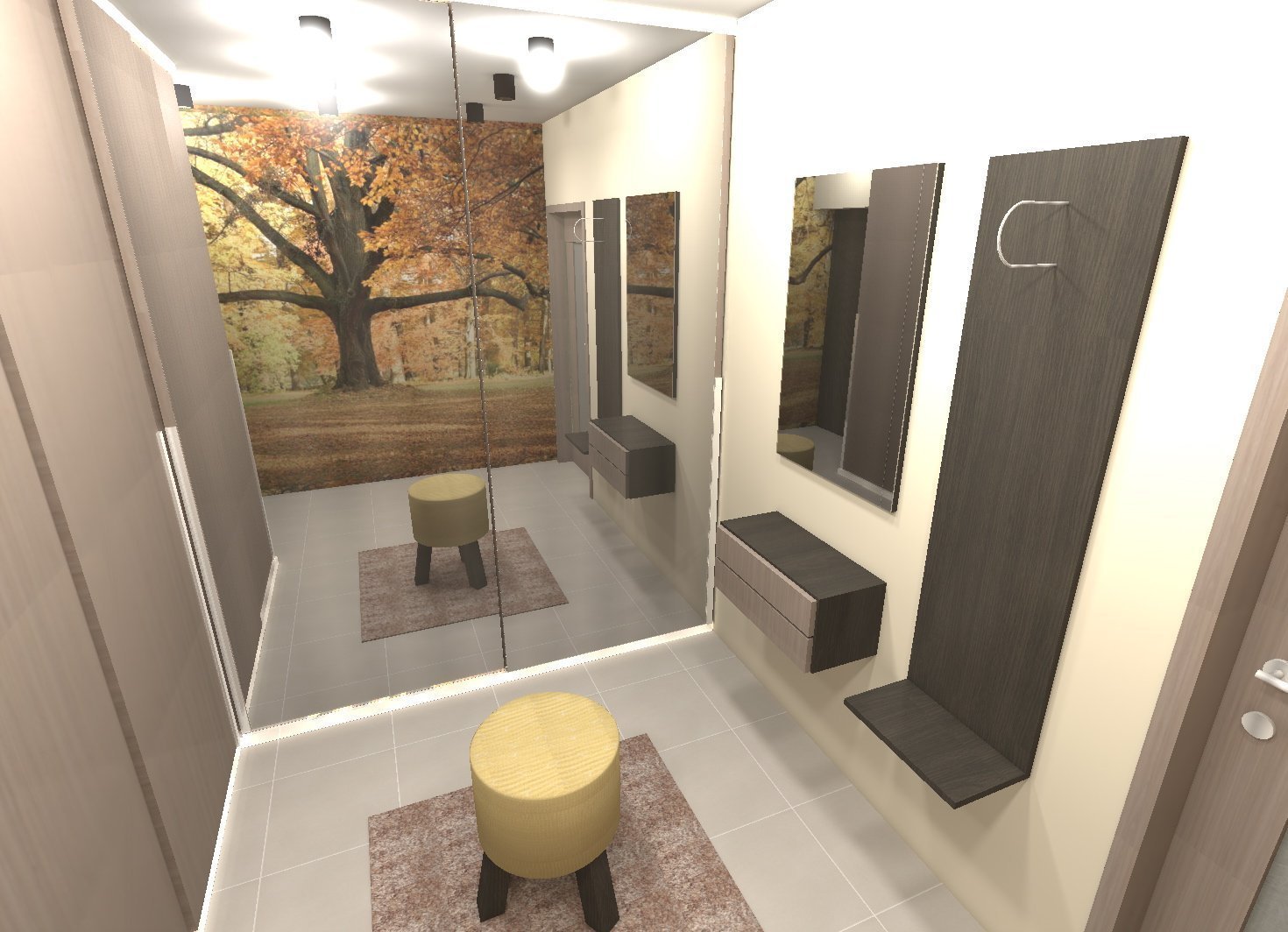 Návrh předsíně rodinného domu vycházel z již vybrané dlažby a dveří.

Požadavkem byla objemmná šatní skříň, zrcadlo se zásuvkou a taburet.

Alespoň jedna…