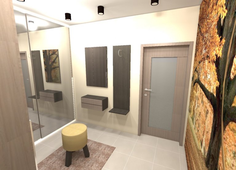 Návrh předsíně rodinného domu vycházel z již vybrané dlažby a dveří.

Požadavkem byla objemmná šatní skříň, zrcadlo se zásuvkou a taburet.

Alespoň jedna…