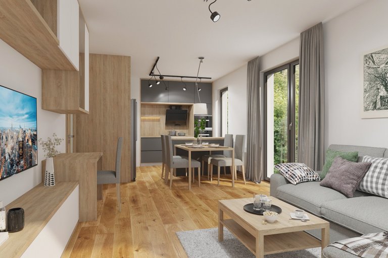 Obývací pokoj s kuchyní v šedých tónech s dotekem hřejivého dřeva je rozdělen do jednotlivých na sebe navazujících zón.