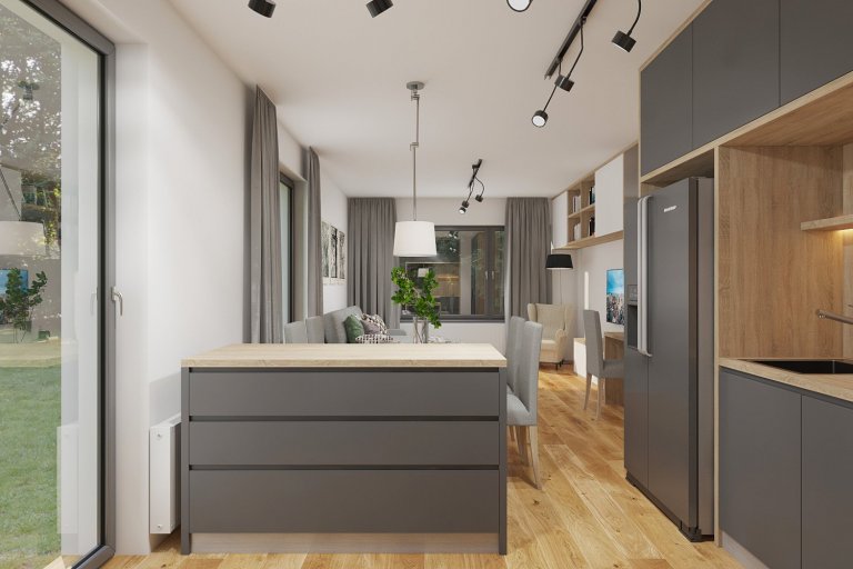 Třetím blokem kuchyňské linky je barový pult se zásuvkami, na který navazuje jídelní stůl