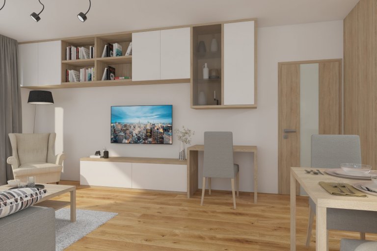 Celý interiér je řešen v jemných tónech šedé, krémové a světlého dřeva, které je zastoupeno i na podlaze a dveřích.