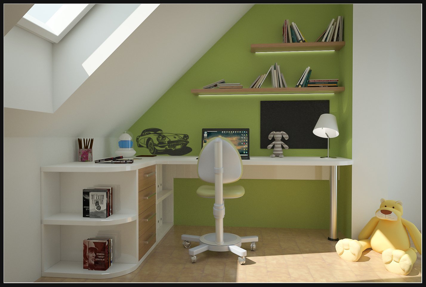 Pracovní stůl pro studenta v podkroví, v provedení bílé lamino a světlé dřevo se &nbsp;zelenou výmalbou.
