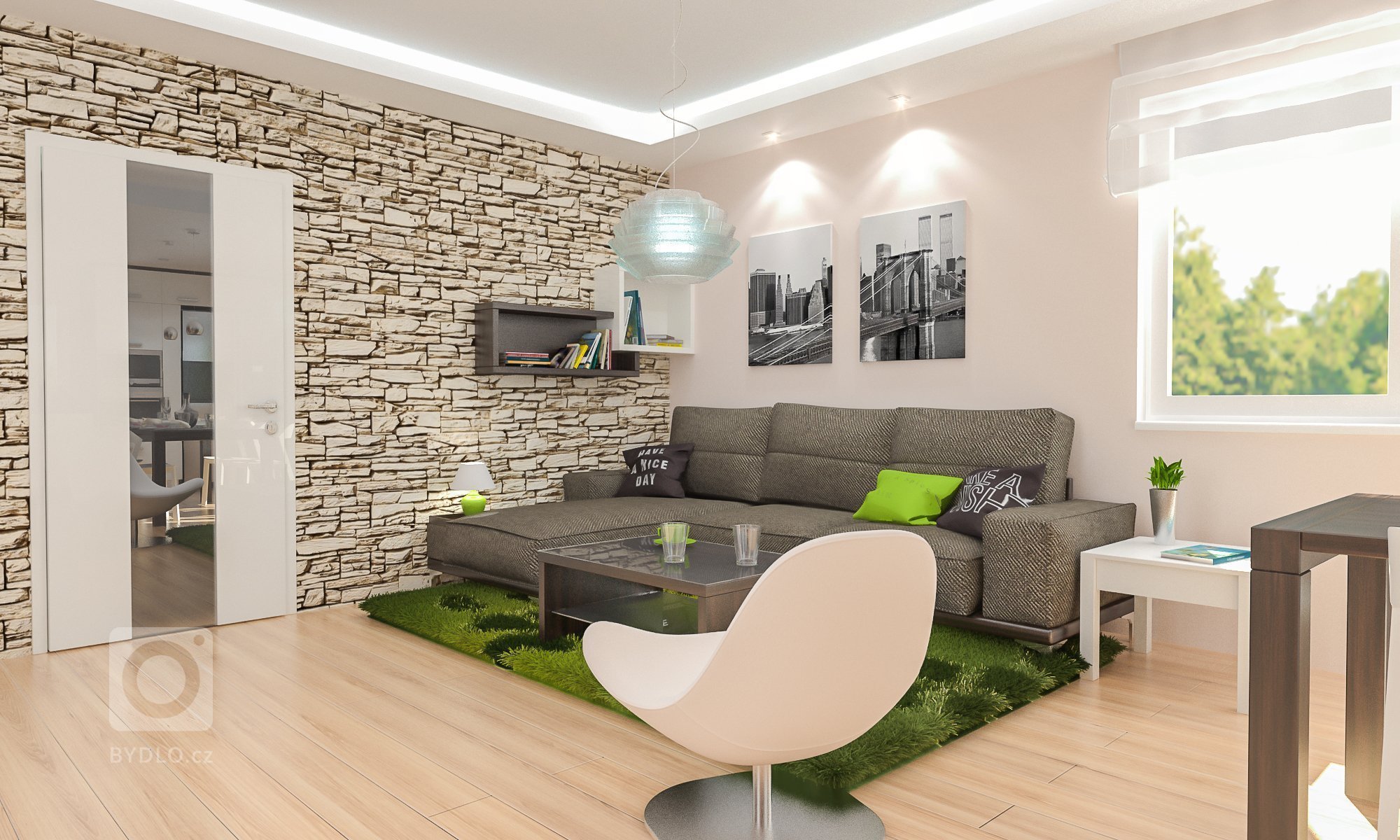 Obývací pokoj s krbem, kameným obkladem a prostornou kuchyní.
