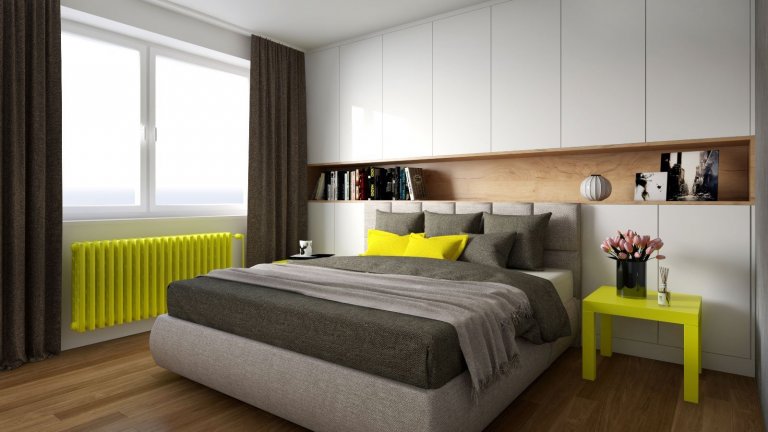 Návrh interiéru obývacího pokoje s ložnicí a chodbou&nbsp;ve skandinávském stylu. Jídelní stůl v dřevěném dekoru je doplněn o židle značky TON v barevném…