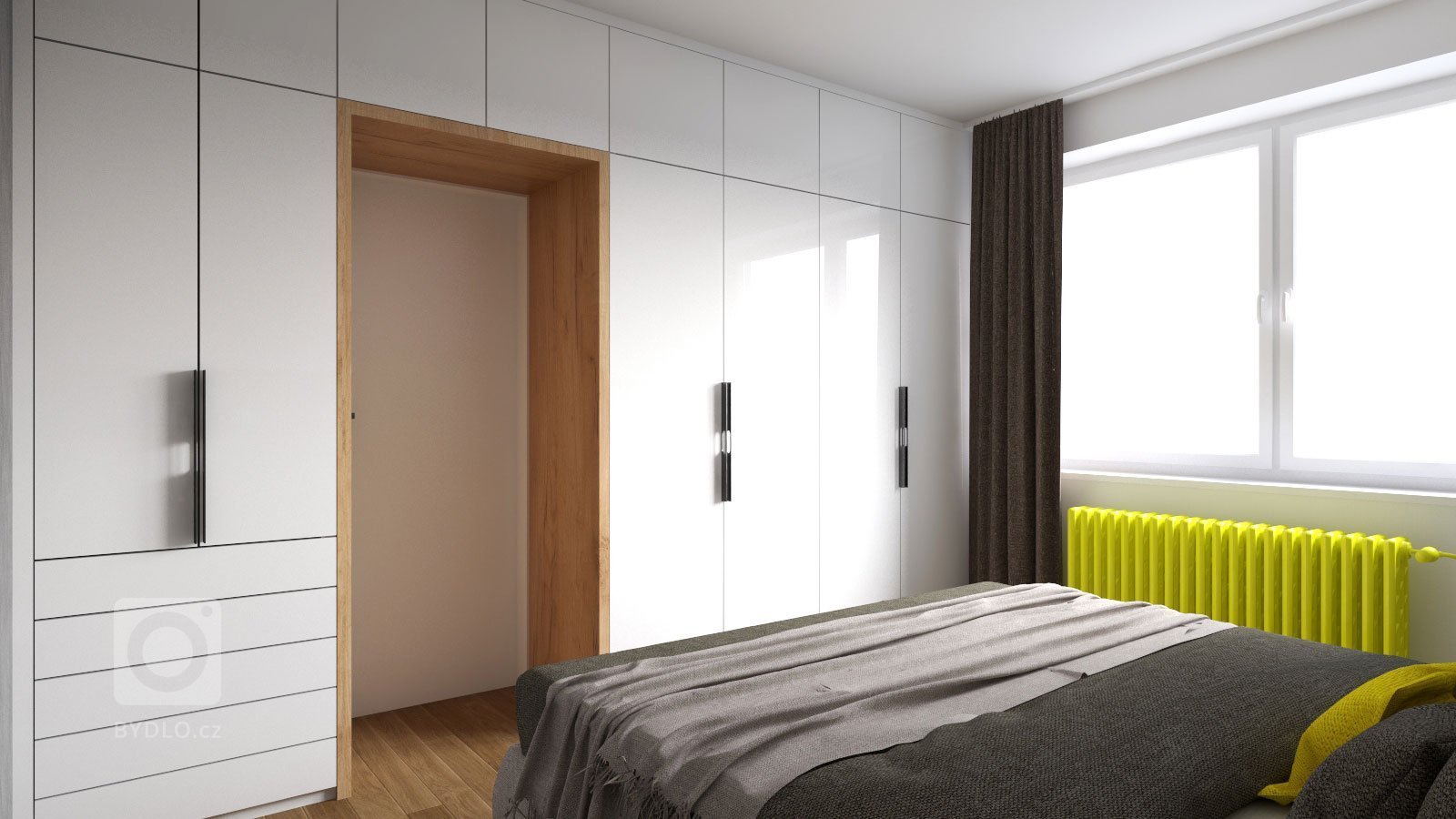Návrh interiéru obývacího pokoje s ložnicí a chodbou&nbsp;ve skandinávském stylu. Jídelní stůl v dřevěném dekoru je doplněn o židle značky TON v barevném…