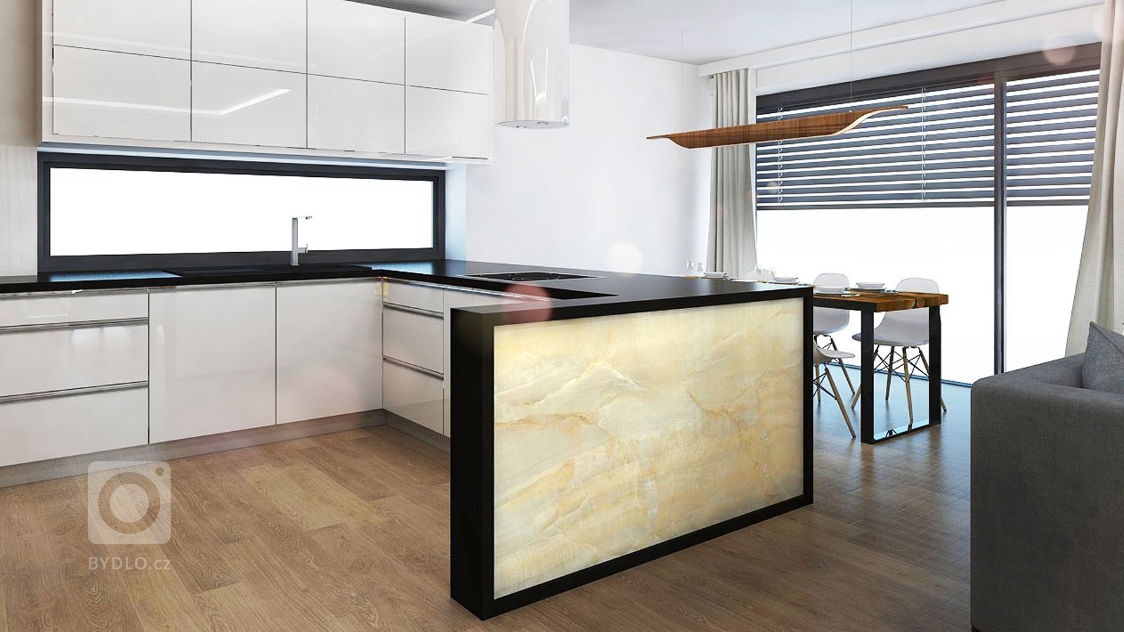 Kompletní návrh obývacího pokoje s kuchyní a&nbsp;jídelnou&nbsp;v novostavbě. Hlavním požadavkem klienta bylo&nbsp;zapracování&nbsp;onyxové stěny do interiéru.…