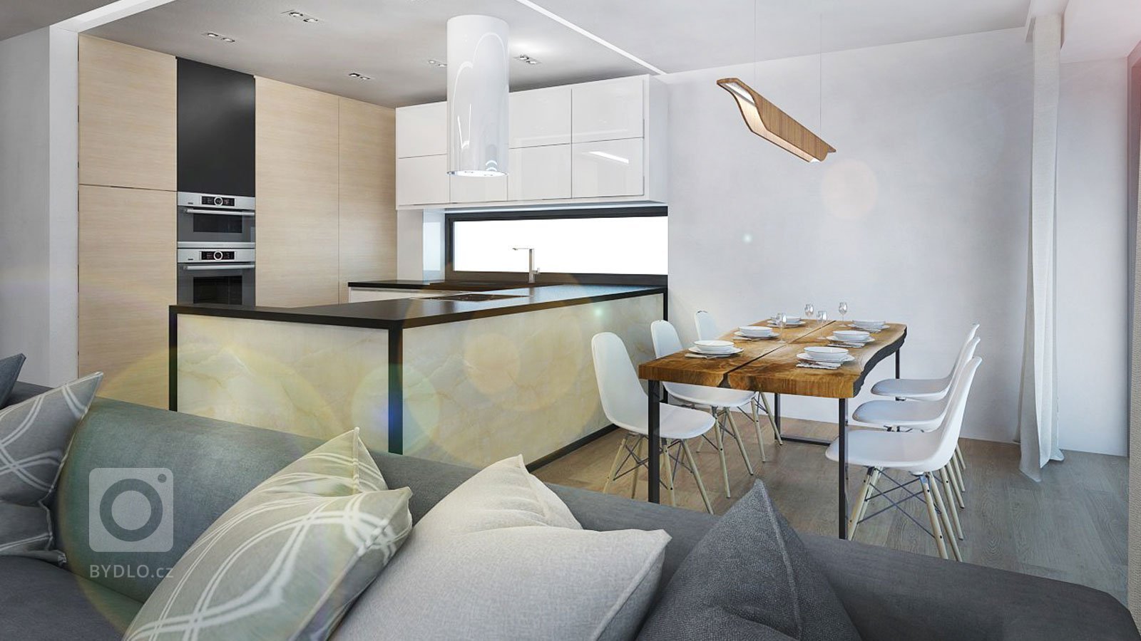 Kompletní návrh obývacího pokoje s kuchyní a&nbsp;jídelnou&nbsp;v novostavbě. Hlavním požadavkem klienta bylo&nbsp;zapracování&nbsp;onyxové stěny do interiéru.…