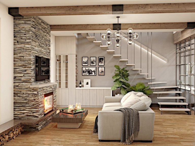 Návrh interiéru obývacího pokoje s kuchyni v rodinném domě. 3D vizualizace.&nbsp;Při realizaci byly zohledněny potřeby a životní styl každého člena rodiny,…