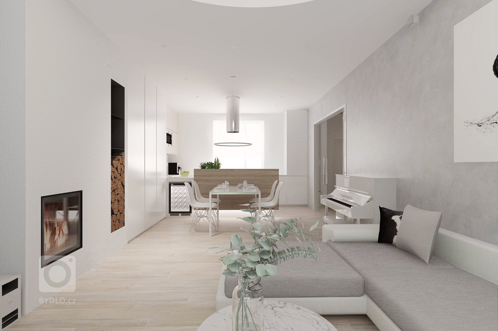 ... doplněný o jemné tóny dvou druhů dřeva, bílou a šedou barvu...