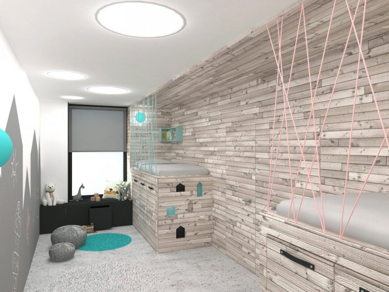 Design dětského pokoje navazuje konceptem na vyznění celého domu - dřevěné obložení, základní barvy a severský styl.
