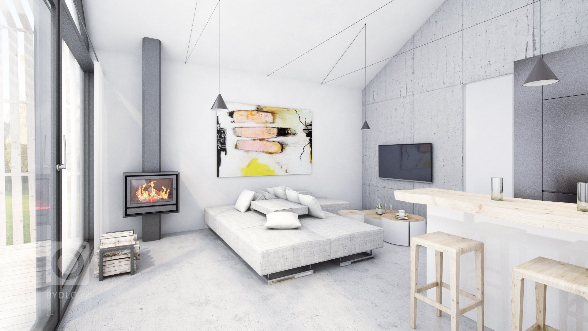 ... na zemi je navžena betonová stěrka, která je zopakovaná i na stěně za televizí...