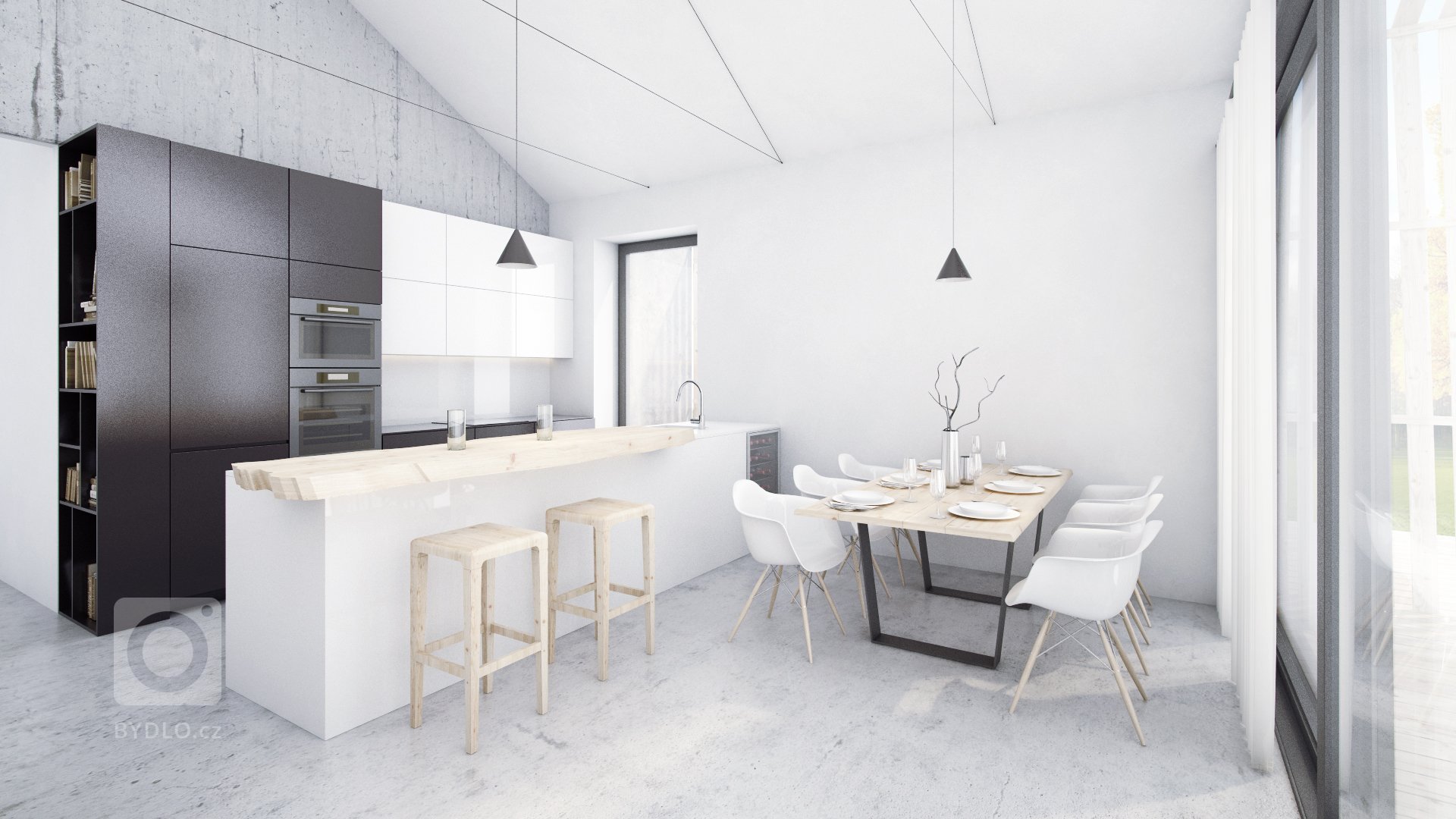 ... nábytek je minimalistický, zjemněný detaily z masivího dřeva.