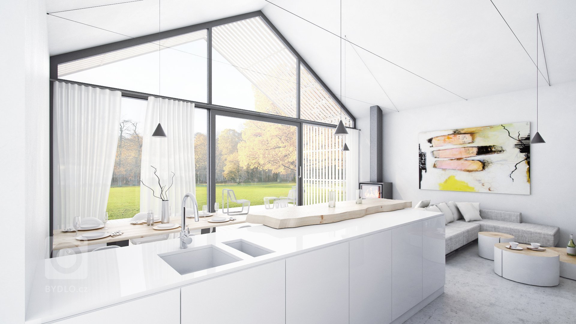 .. otevření do krovu umožňuje hru se světly a jejich přívodními kabely...