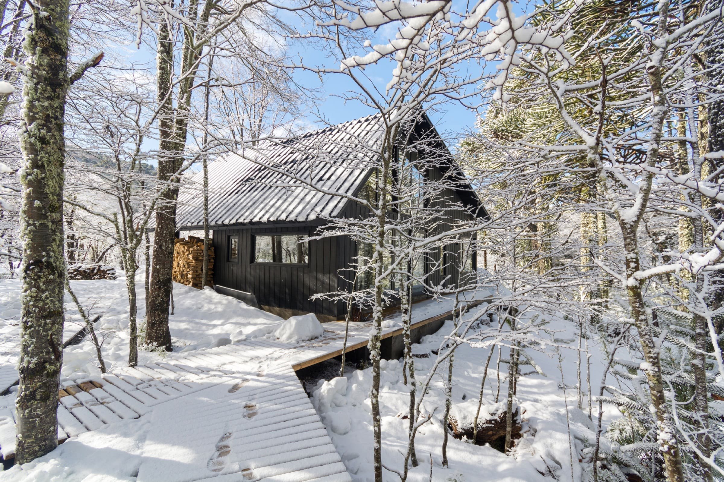 Chata uprostřed zasněženého lesa