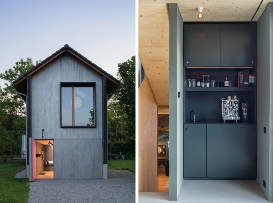 Úzká dřevostavba s krbem