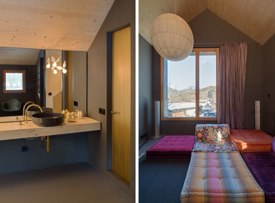 Úzká dřevostavba s krbem