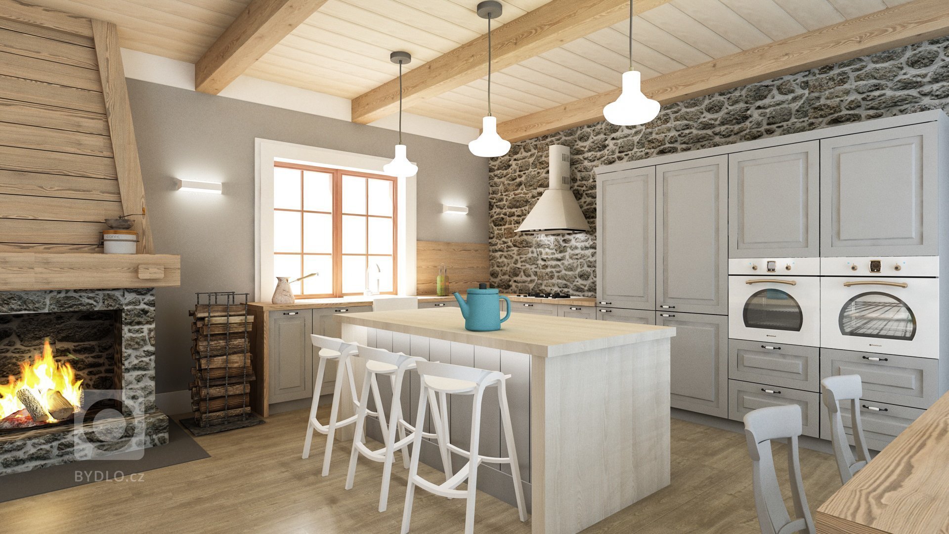 Jedná se o studii hlavního prostoru ve srubovém domě. Stylově se jedná o velice tradiční řešení s trámovým stropem, otevřeným krbem a dřevem i kamenem na…