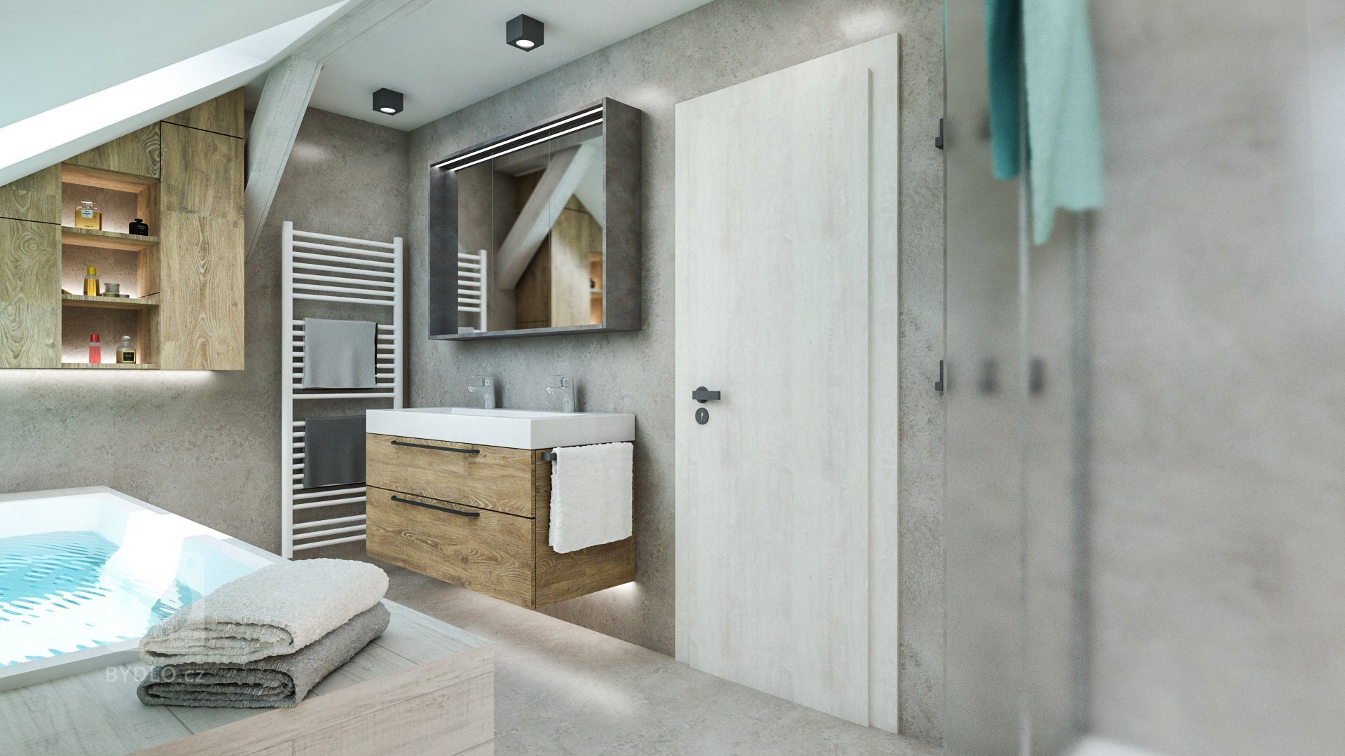 Návrh koupelny je součástí rekonstrukce podkrovního bytu v centru Bratislavy. V místnosti se mají prolínat tmavší prvky z obývacího pokoje a kuchyně spolu se…