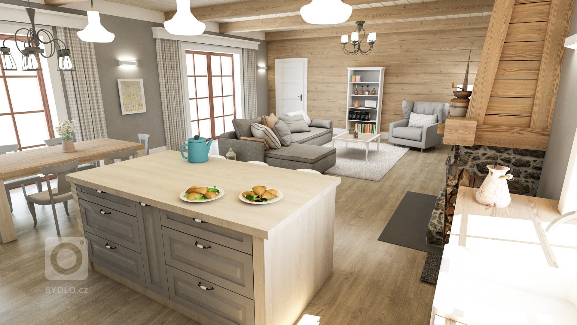 Jedná se o studii hlavního prostoru ve srubovém domě. Stylově se jedná o velice tradiční řešení s trámovým stropem, otevřeným krbem a dřevem i kamenem na…