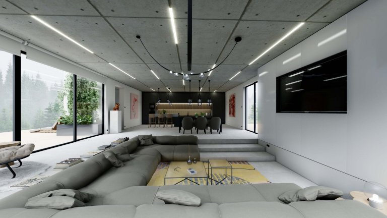 Interiér Na Výšině je moderní prostor plný materiálů surového vzhledu. Jedná se o&nbsp;projekt kde je využitý beton v&nbsp;různých strukturách. Obývací pokoj…