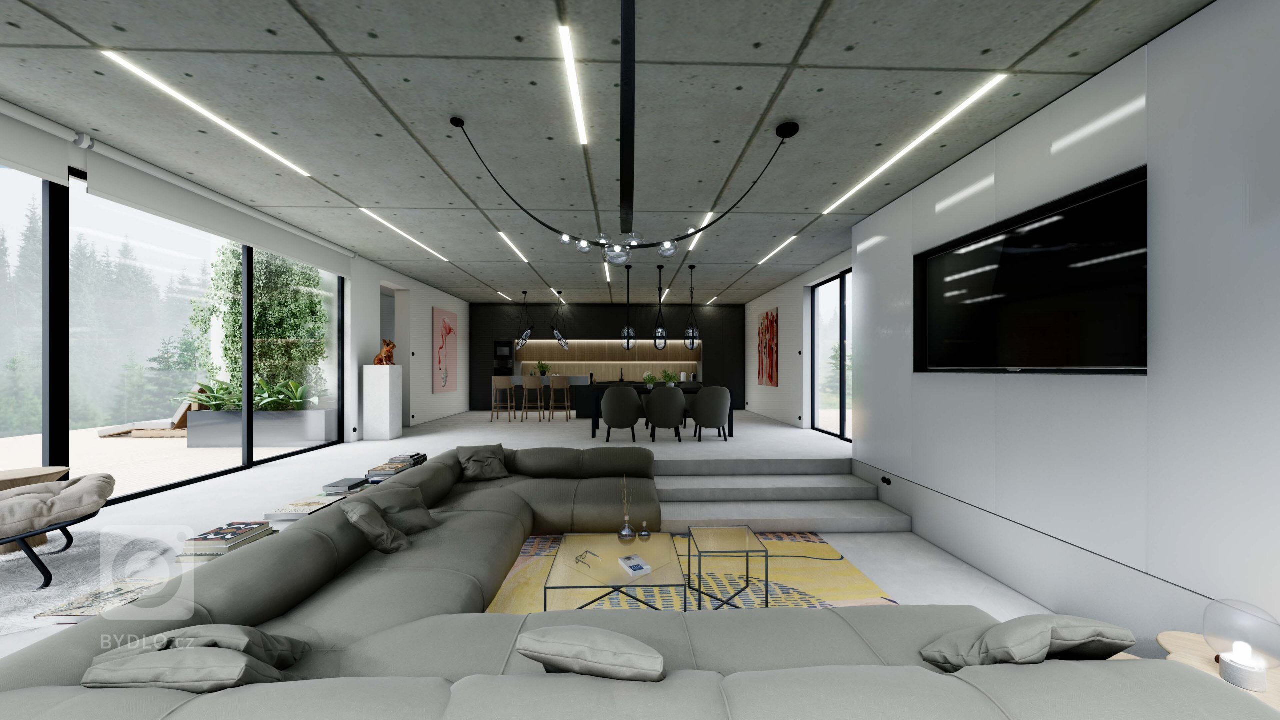 Interiér Na Výšině je moderní prostor plný materiálů surového vzhledu. Jedná se o&nbsp;projekt kde je využitý beton v&nbsp;různých strukturách. Obývací pokoj…