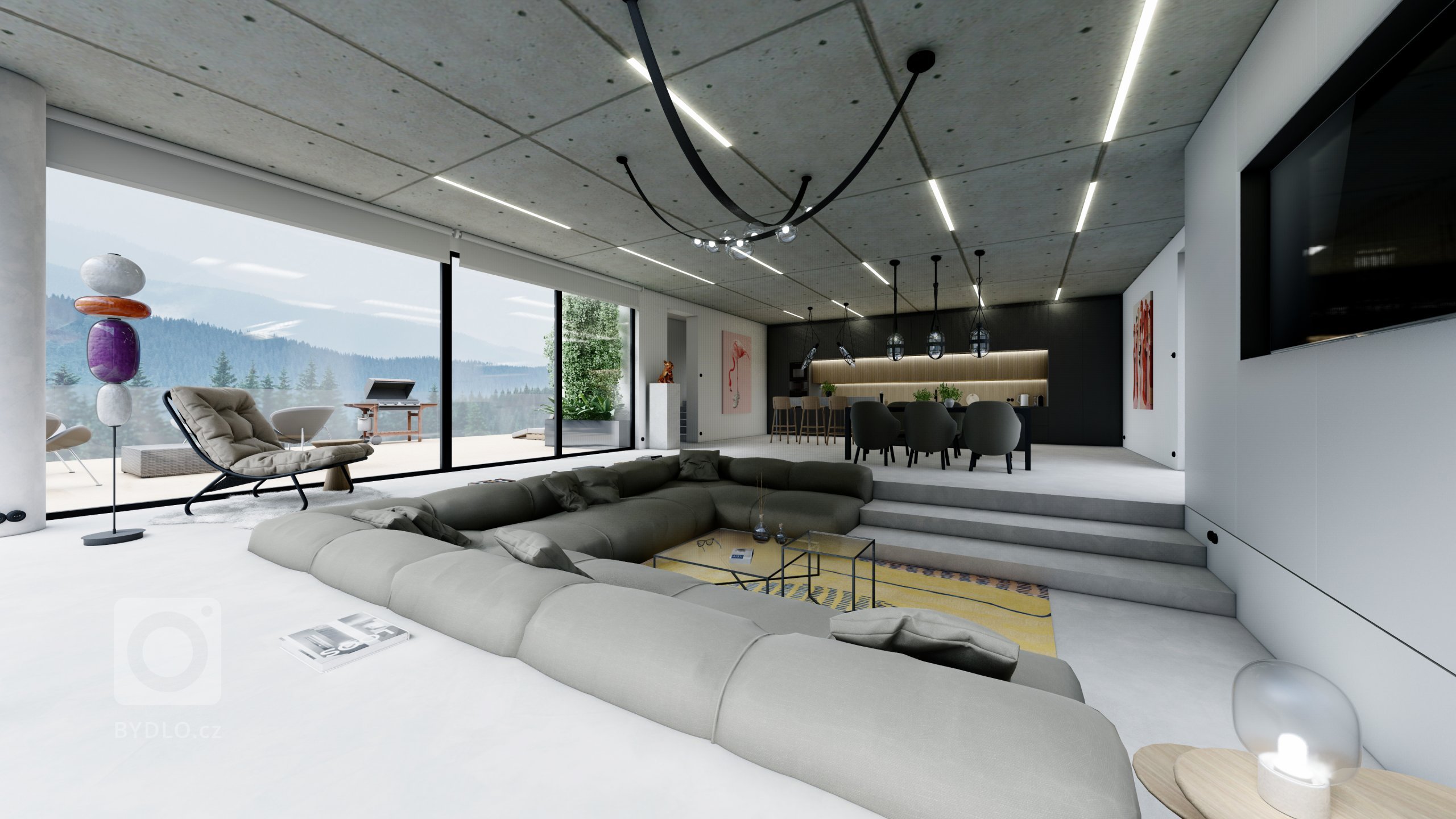 Interiér Na Výšině je moderní prostor plný materiálů surového vzhledu. Jedná se o&nbsp;projekt kde je využitý beton v&nbsp;různých strukturách. Obývací pokoj…