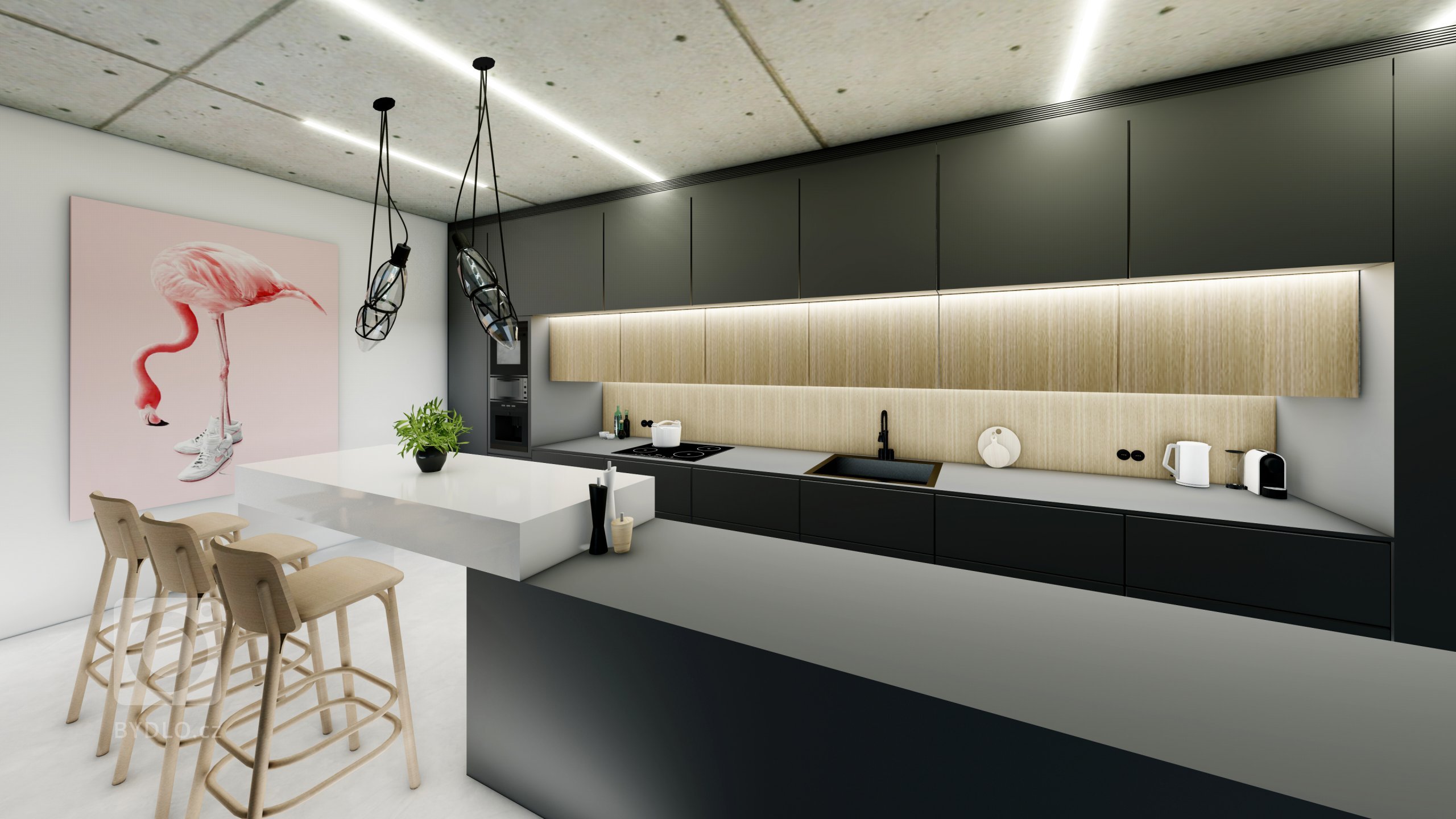 Interiér Na Výšině je moderní prostor plný materiálů surového vzhledu. Jedná se o&nbsp;projekt kde je využitý beton v&nbsp;různých strukturách. Obývací pokoj…