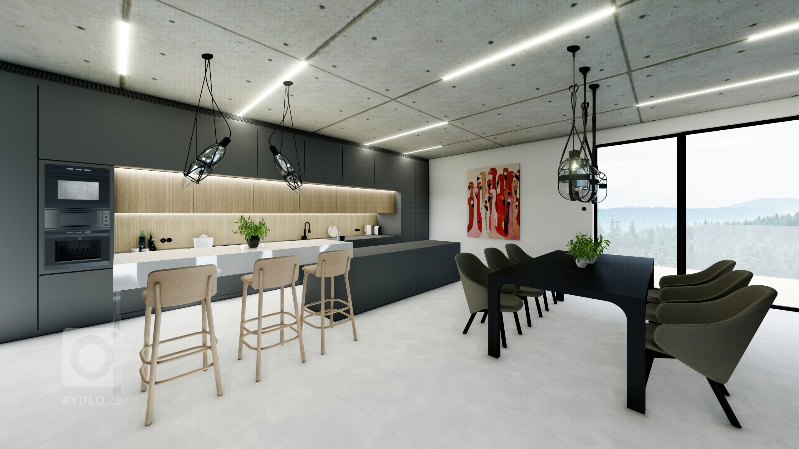 Interiér Na Výšině je moderní prostor plný materiálů surového vzhledu. Jedná se o&nbsp;projekt kde je využitý beton v&nbsp;různých strukturách. Obývací pokoj…