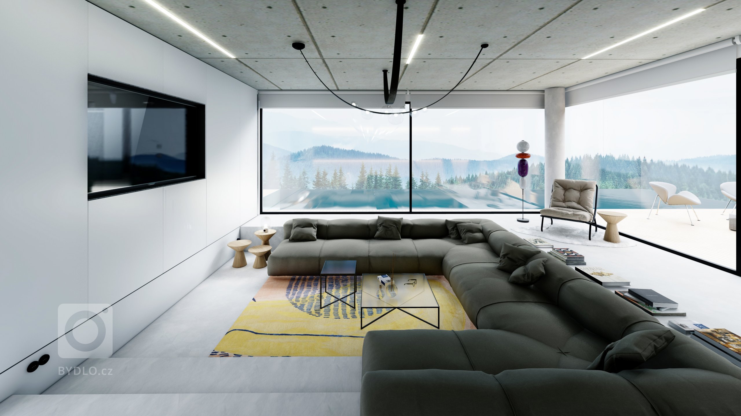 Interiér Na Výšině je moderní prostor plný materiálů surového vzhledu. Jedná se o&nbsp;projekt kde je využitý beton v&nbsp;různých strukturách. Obývací pokoj…