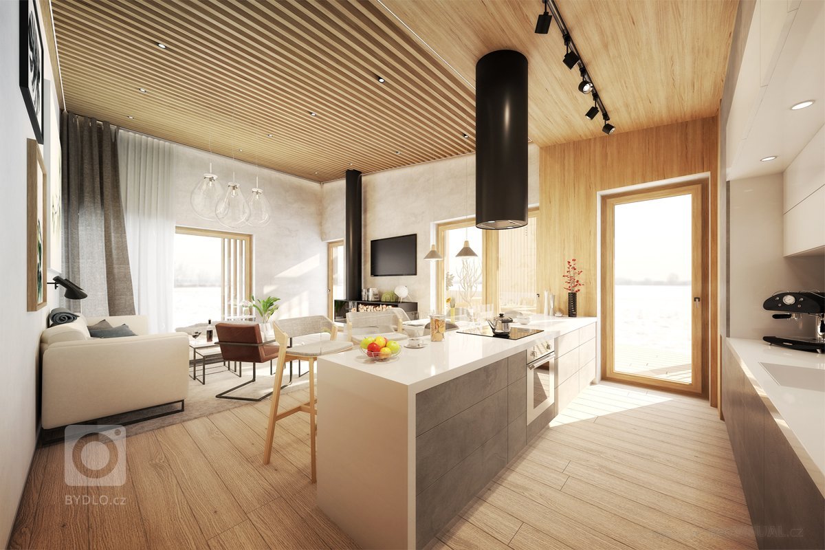 Interiér laděný do přírodních tónů, kde je využito dřeva a&nbsp;betonové stěrky. K&nbsp;materiálům je doladěn kompletně celý interiér. Hlavní dominantou je…