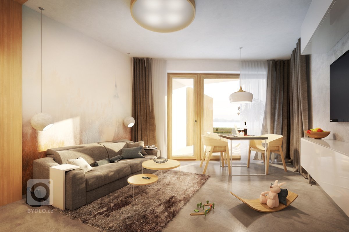 Interiér pro manželský pár, který bude sloužit jako byt pro rekreační dovolené. V&nbsp;jedné místnosti se zde kloubí kuchyň s&nbsp;jídelnou, obývacím pokojem a…