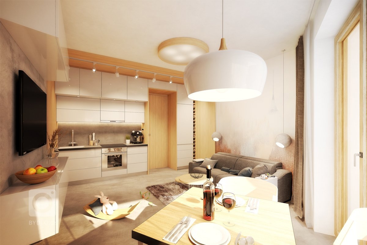 Interiér pro manželský pár, který bude sloužit jako byt pro rekreační dovolené. V&nbsp;jedné místnosti se zde kloubí kuchyň s&nbsp;jídelnou, obývacím pokojem a…