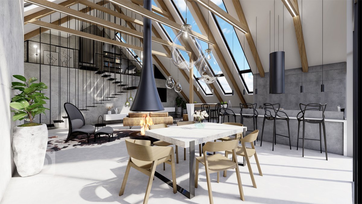 Netradiční interiér v&nbsp;přírodních tónech v&nbsp;kombinaci s&nbsp;dubovým dřevem, surovým betonem, betonovou stěrkou nebo mramorem. Půda prošla celkovou…