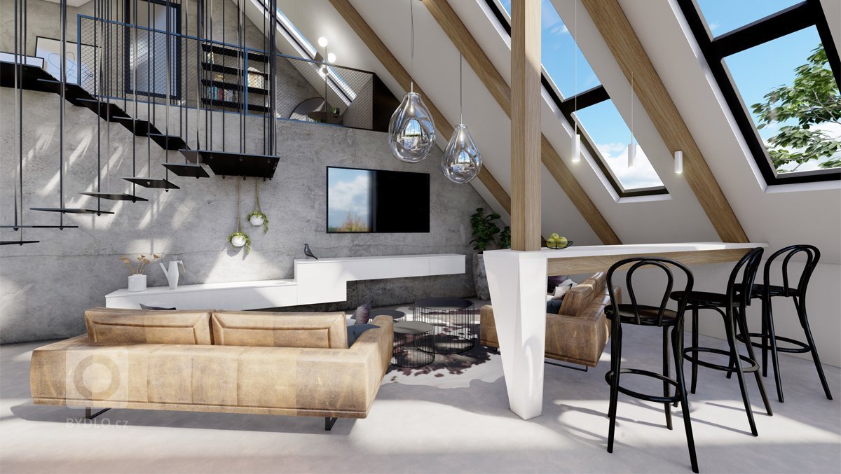 Netradiční interiér v&nbsp;přírodních tónech v&nbsp;kombinaci s&nbsp;dubovým dřevem, surovým betonem, betonovou stěrkou nebo mramorem. Půda prošla celkovou…