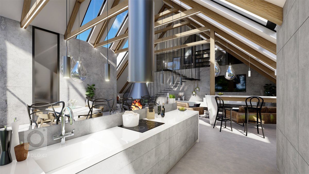 Netradiční interiér v&nbsp;přírodních tónech v&nbsp;kombinaci s&nbsp;dubovým dřevem, surovým betonem, betonovou stěrkou nebo mramorem. Půda prošla celkovou…