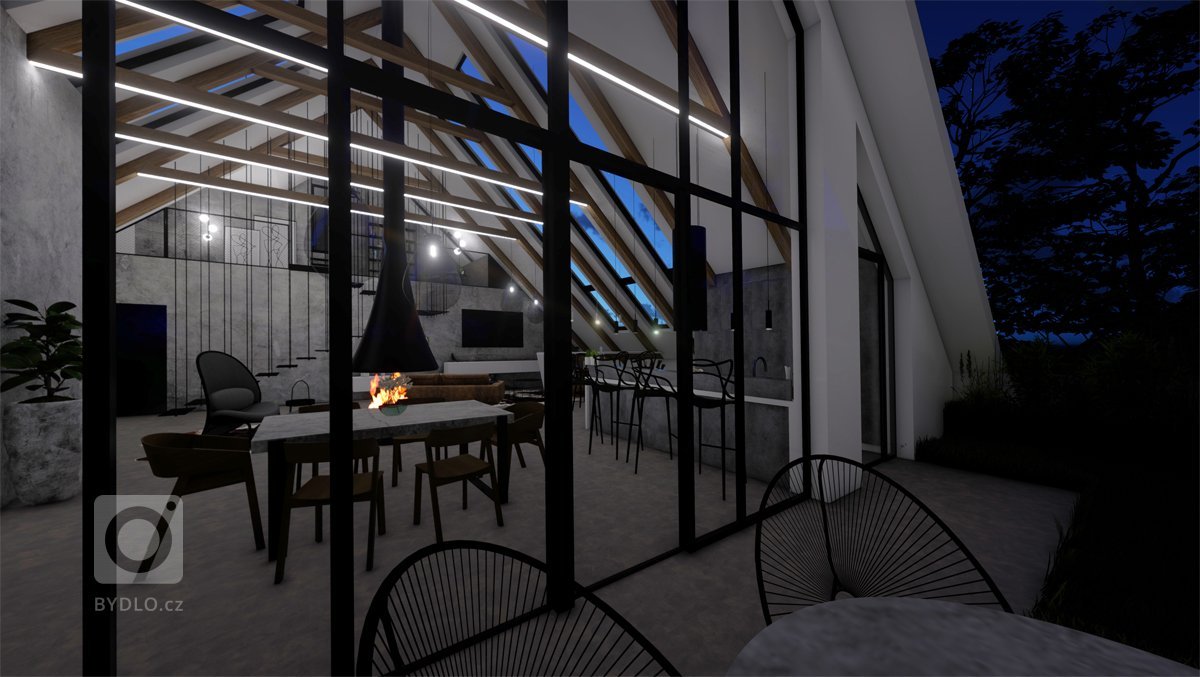 Netradiční interiér v&nbsp;přírodních tónech v&nbsp;kombinaci s&nbsp;dubovým dřevem, surovým betonem, betonovou stěrkou nebo mramorem. Půda prošla celkovou…