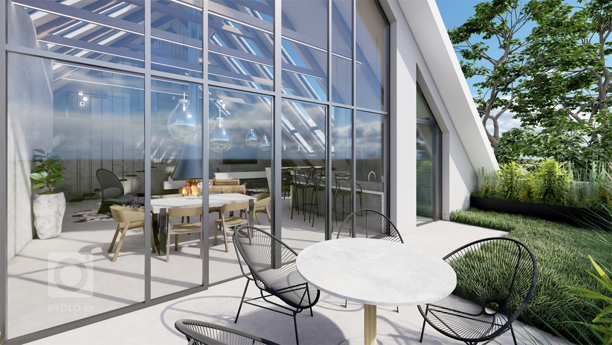 Netradiční interiér v&nbsp;přírodních tónech v&nbsp;kombinaci s&nbsp;dubovým dřevem, surovým betonem, betonovou stěrkou nebo mramorem. Půda prošla celkovou…