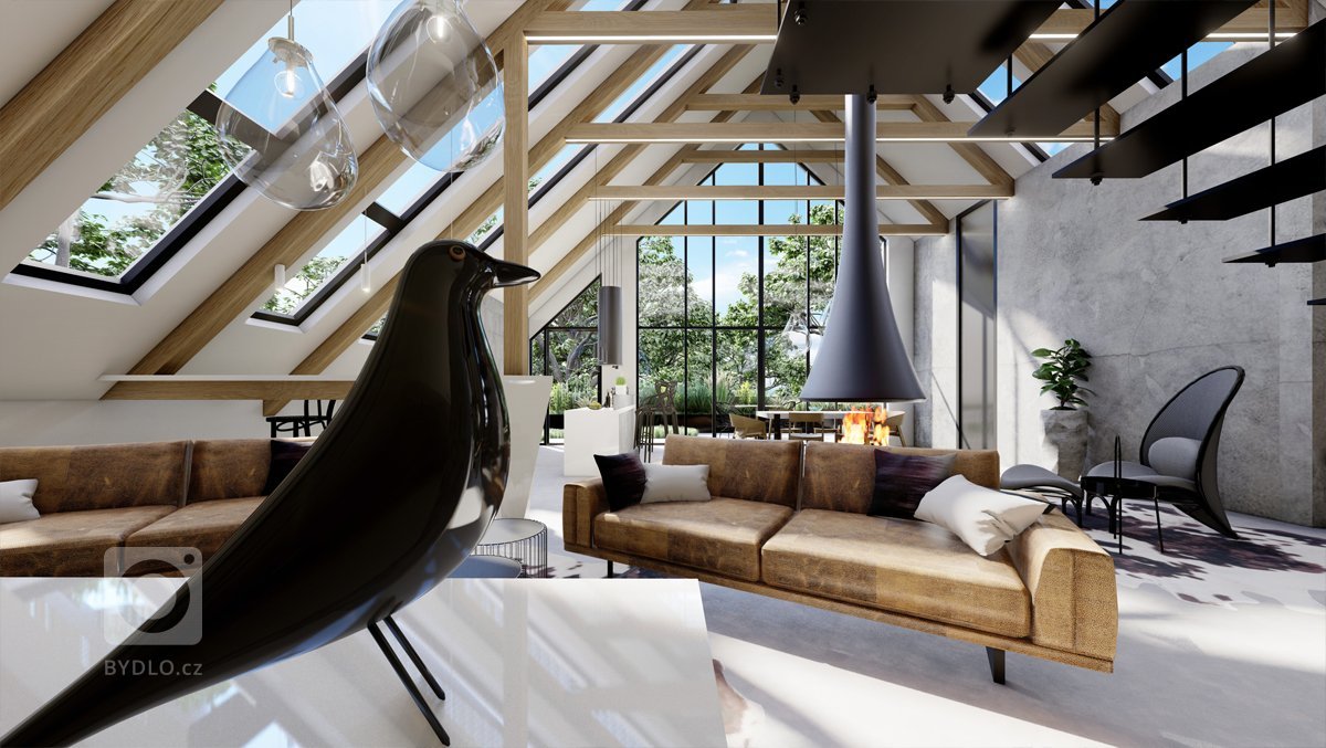 Netradiční interiér v&nbsp;přírodních tónech v&nbsp;kombinaci s&nbsp;dubovým dřevem, surovým betonem, betonovou stěrkou nebo mramorem. Půda prošla celkovou…