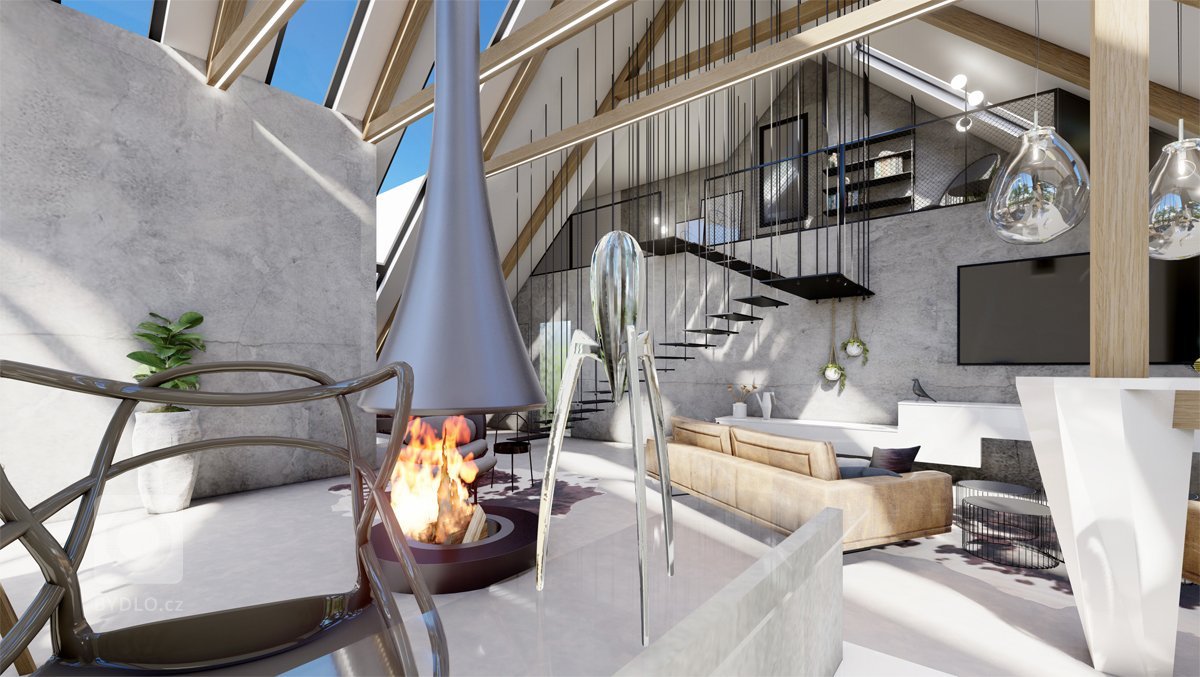 Netradiční interiér v&nbsp;přírodních tónech v&nbsp;kombinaci s&nbsp;dubovým dřevem, surovým betonem, betonovou stěrkou nebo mramorem. Půda prošla celkovou…