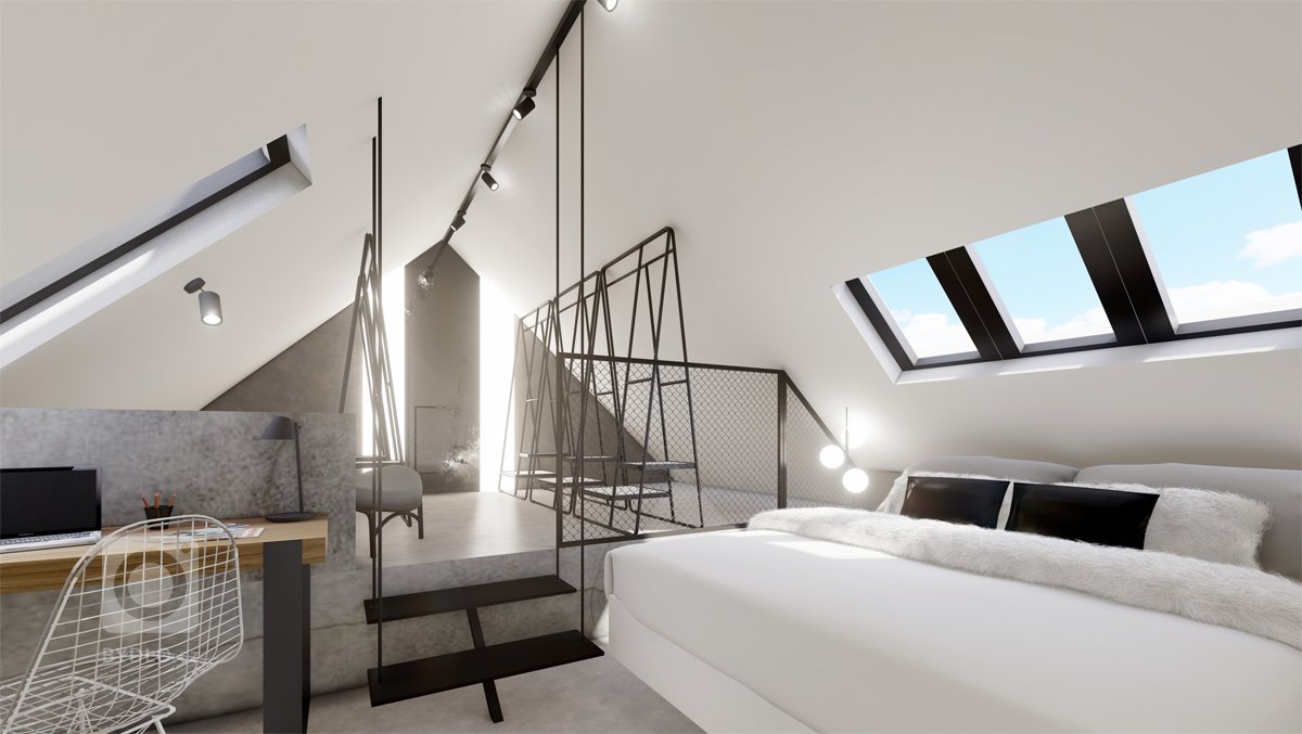 Netradiční interiér v&nbsp;přírodních tónech v&nbsp;kombinaci s&nbsp;dubovým dřevem, surovým betonem, betonovou stěrkou nebo mramorem. Půda prošla celkovou…