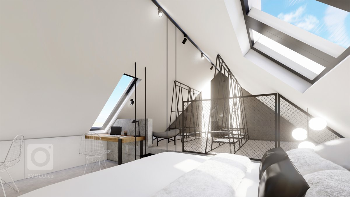 Netradiční interiér v&nbsp;přírodních tónech v&nbsp;kombinaci s&nbsp;dubovým dřevem, surovým betonem, betonovou stěrkou nebo mramorem. Půda prošla celkovou…