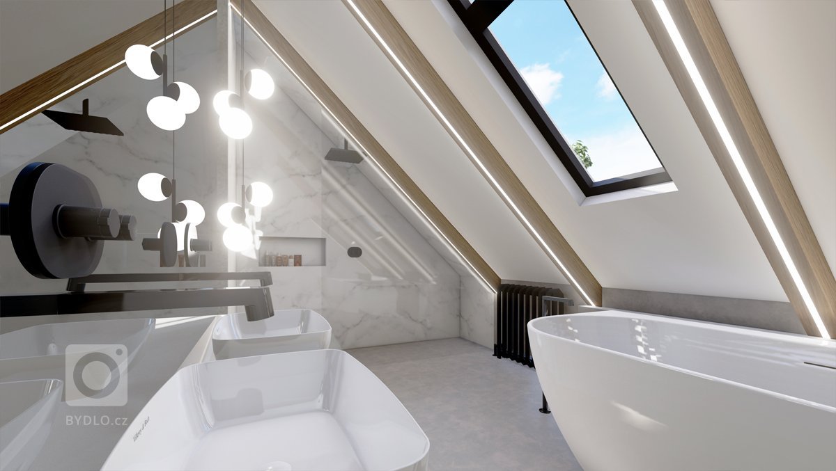 Netradiční interiér v&nbsp;přírodních tónech v&nbsp;kombinaci s&nbsp;dubovým dřevem, surovým betonem, betonovou stěrkou nebo mramorem. Půda prošla celkovou…